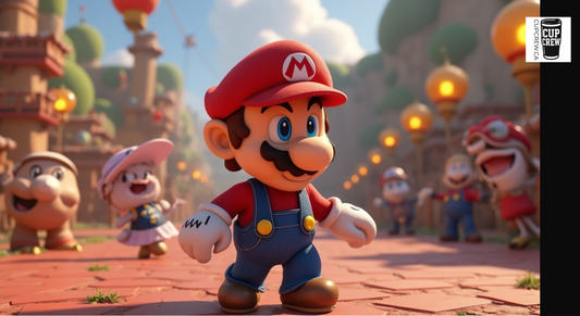 A character in a red Mario outfit is standing in a colorful, whimsical environment with other characters in the background.