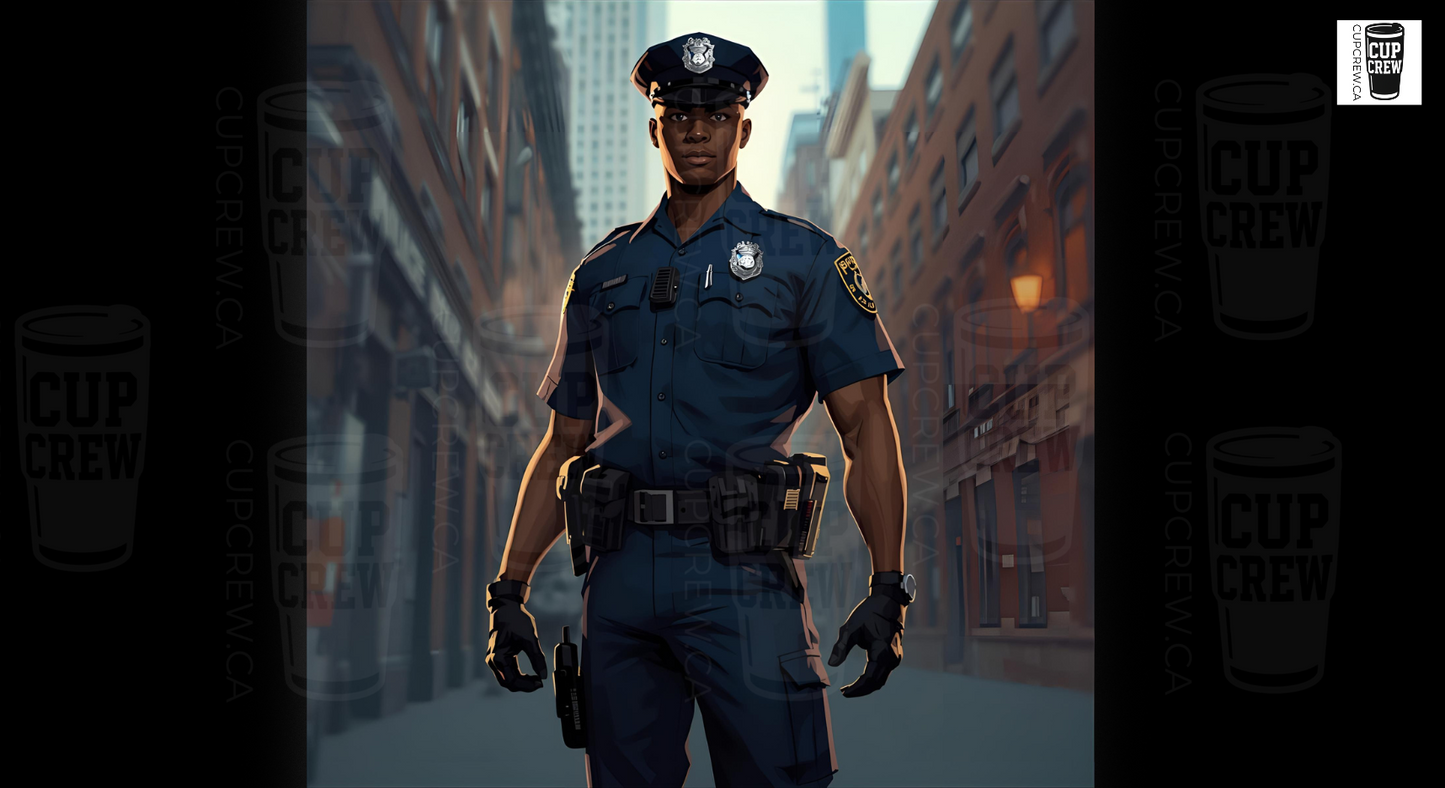 A police officer in uniform stands in a city street, holding a gun and wearing a badge.