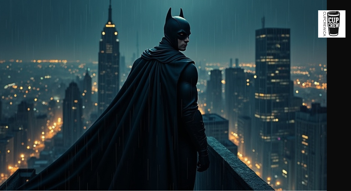 Batman standing on a rooftop at night, overlooking a city skyline with illuminated buildings.