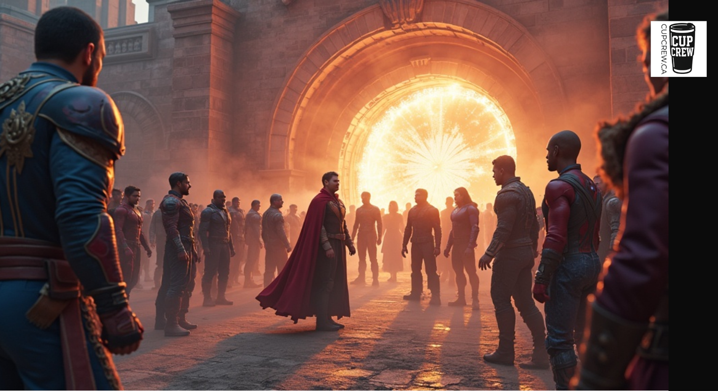 A group of people in medieval-style armor standing in front of a large archway with a bright light at the end, suggesting a grand entrance or exit.