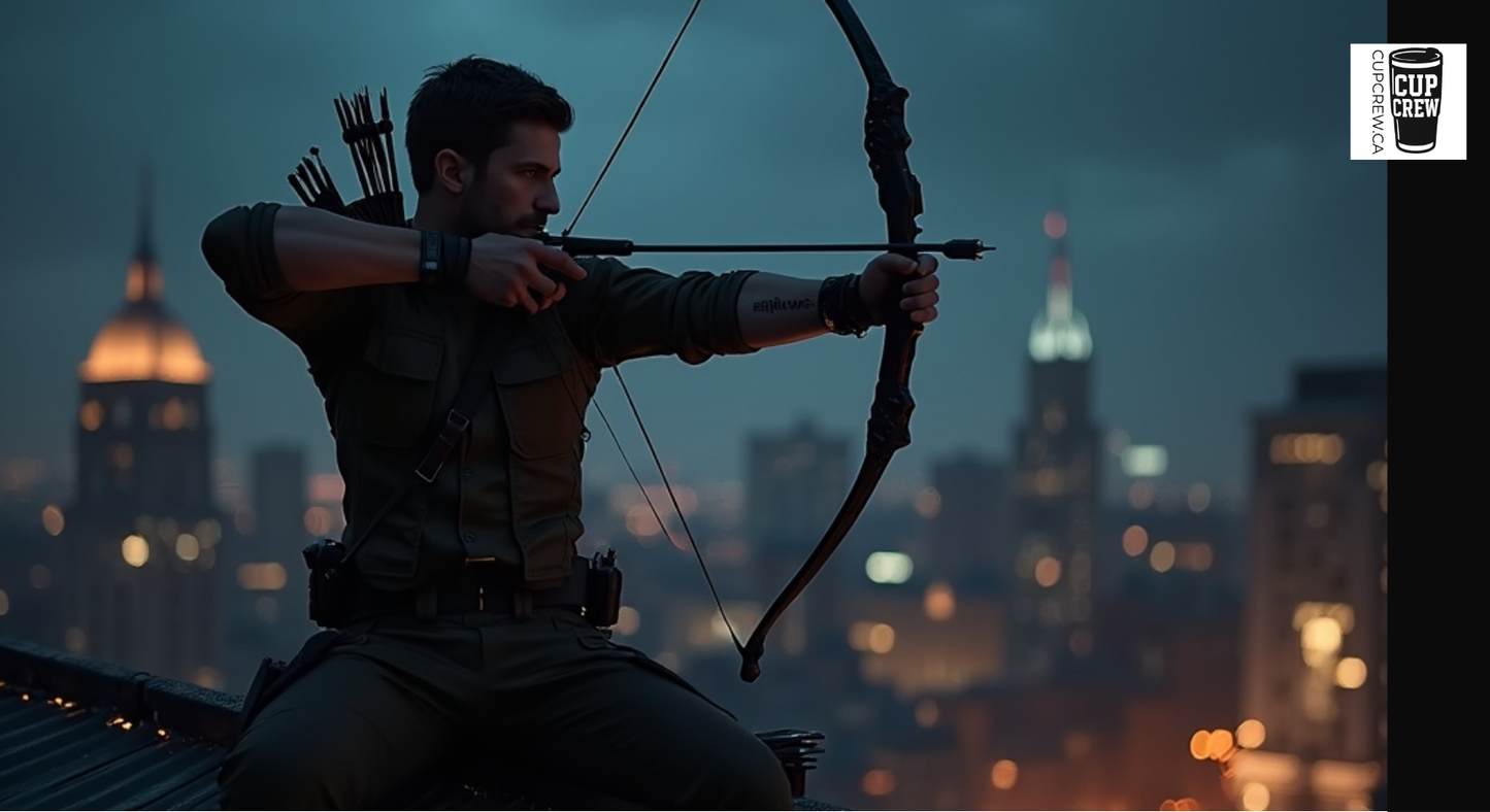 A man in a dark outfit is aiming a bow and arrow at a city skyline at night.