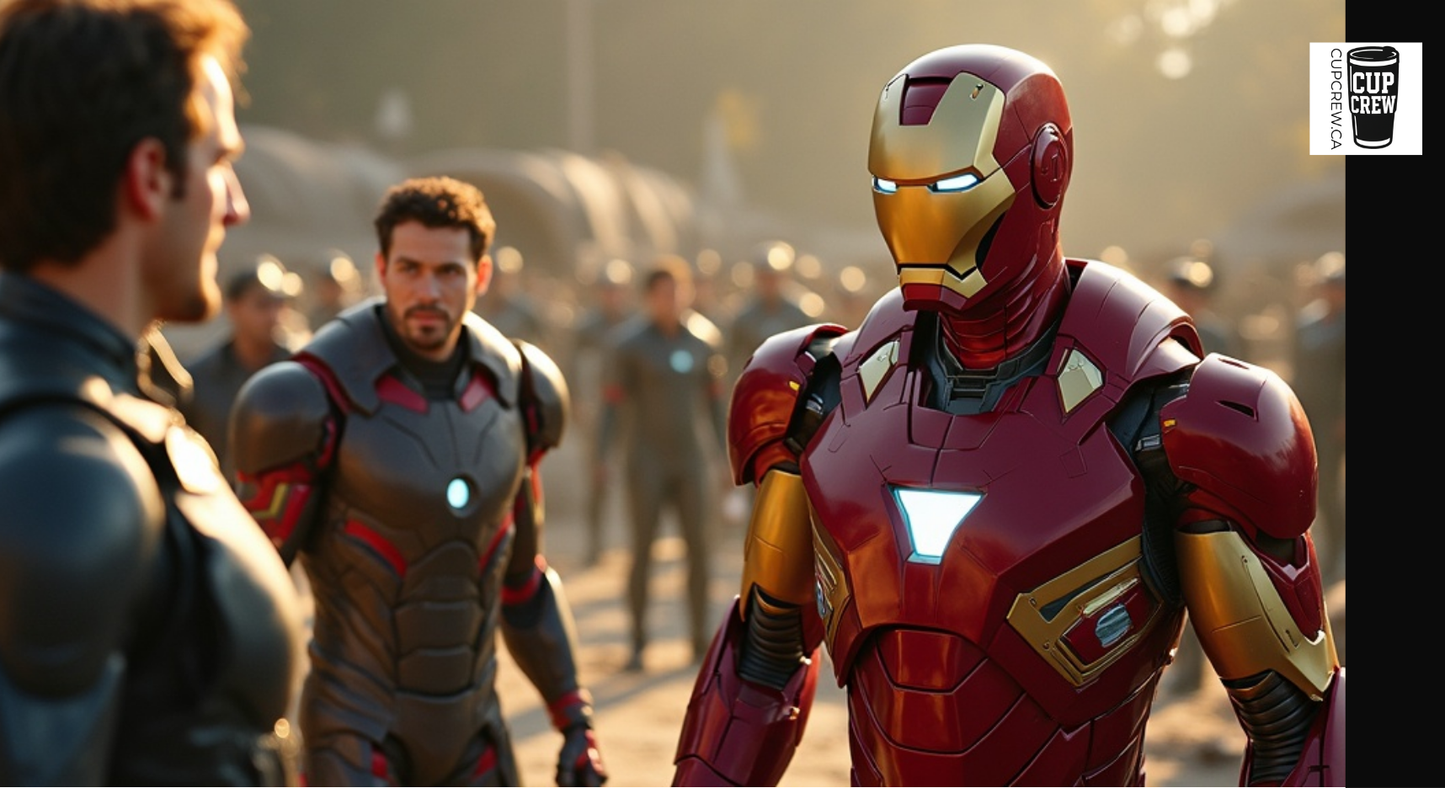 two men in suits, one wearing a red and gold suit and the other in a black and red suit, standing in a crowded area.