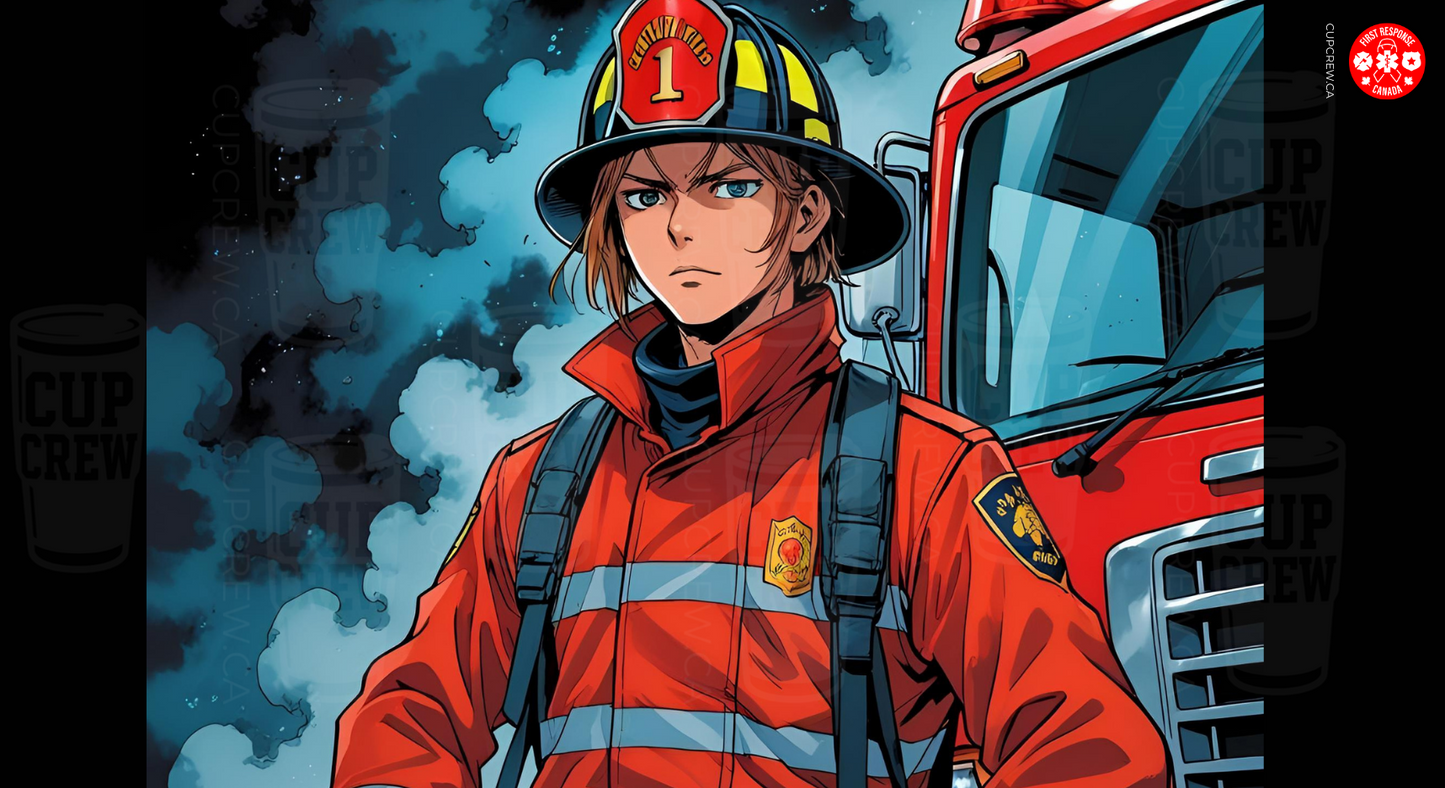 A male firefighter in a red uniform and helmet stands in front of a fire truck, with smoke in the background.
