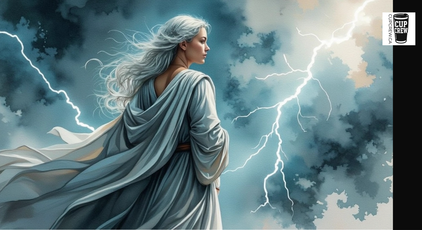 A woman with flowing white hair stands in a dramatic pose against a backdrop of a stormy sky with lightning bolts.