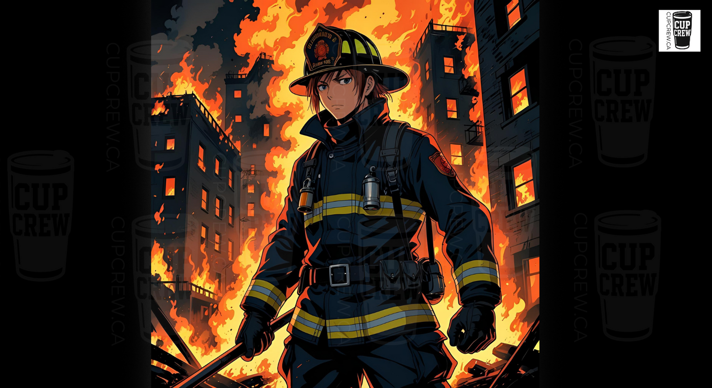 A firefighter in full gear stands in the midst of a burning cityscape, with flames and smoke filling the background.