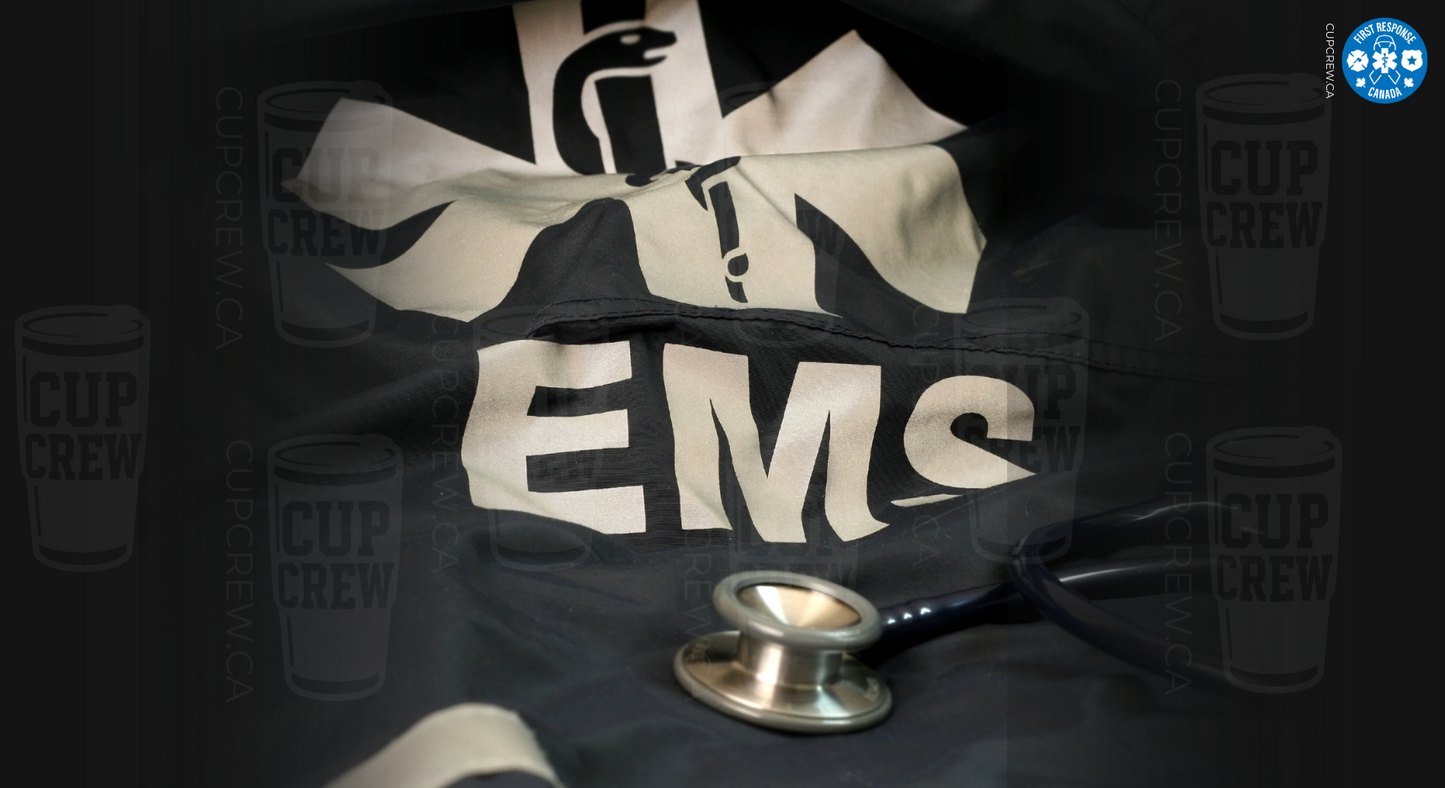 a stethoscope and a medical emergency medical technician (EMT) uniform, with the text "CUP CREW" visible in the background.