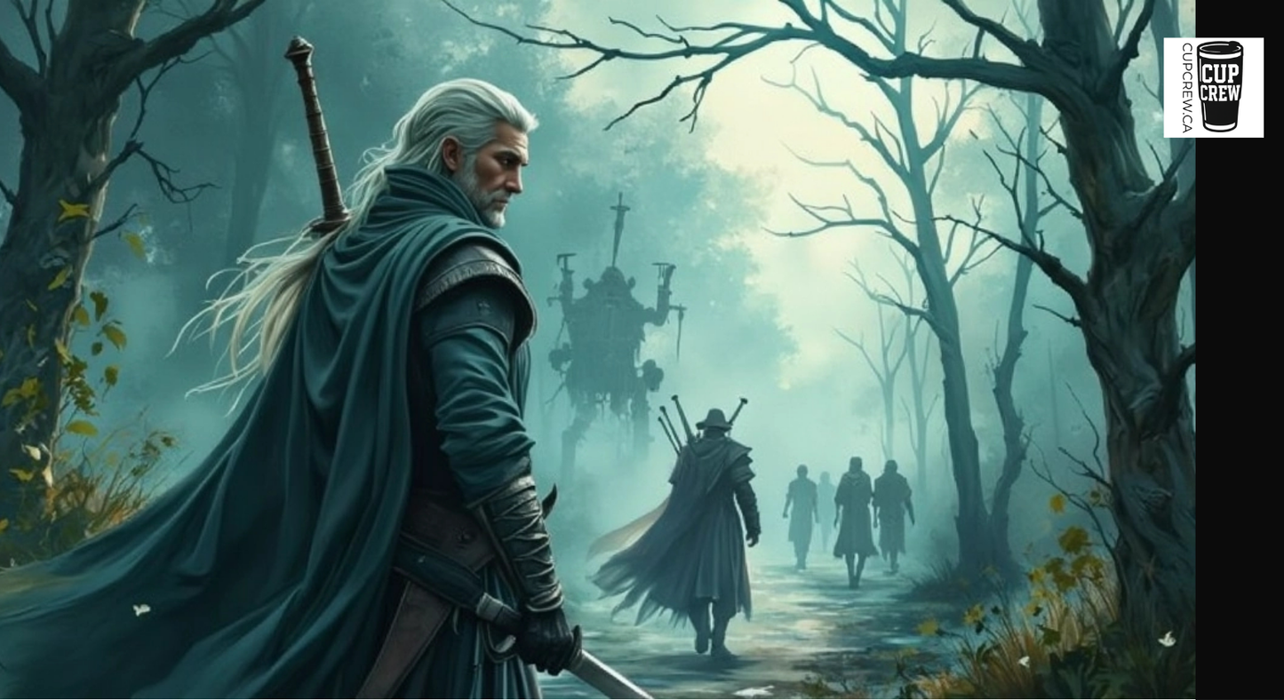 A man with long white hair and a blue cloak stands in a foggy forest, holding a sword and accompanied by other figures in the distance.