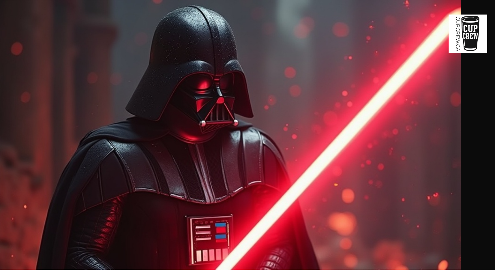 A close-up of a character in a dark costume holding a glowing red lightsaber, with a dramatic, fiery background.