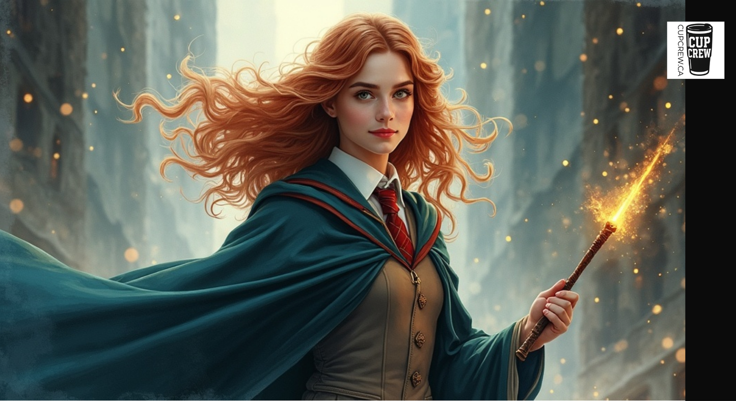 A woman with long, flowing red hair is holding a wand that is glowing with a bright, fiery light. She is wearing a green cape and a brown robe, and she appears to be in a fantastical, magical setting.
