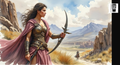A woman in a pink cape stands in a desert landscape, holding a large weapon and accompanied by a horseback rider.