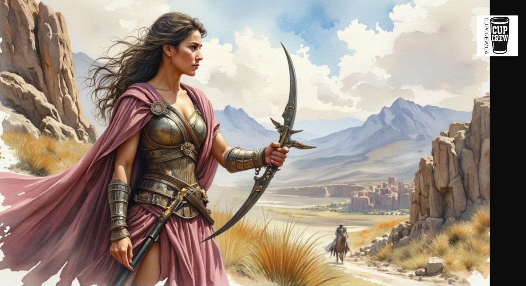A woman in a pink cape stands in a desert landscape, holding a large weapon and accompanied by a horseback rider.