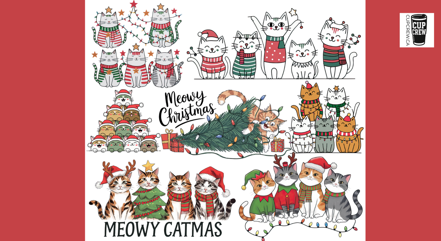 The image is a collage of various Christmas-themed illustrations featuring cats in festive attire, including Santa hats, scarves, and Christmas trees. The collage includes a variety of cat illustrations, such as cats wearing Santa hats, cats sitting on Christmas trees, and cats in different holiday outfits. The collage also includes a Christmas tree and a "Meowy Cats" greeting, creating a festive and whimsical holiday atmosphere.