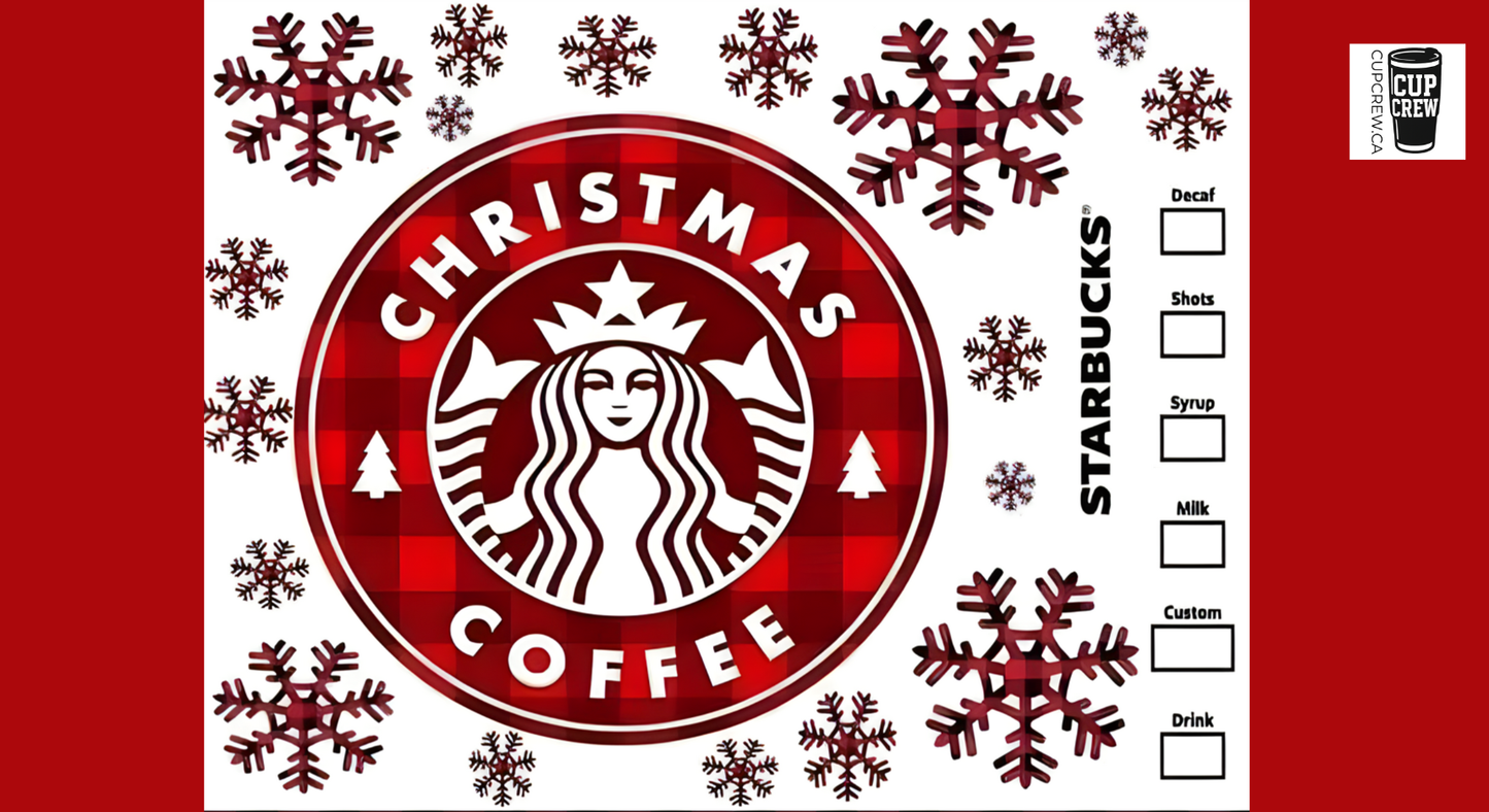 a Starbucks coffee cup design with a red and white color scheme, adorned with snowflakes and the Starbucks logo.