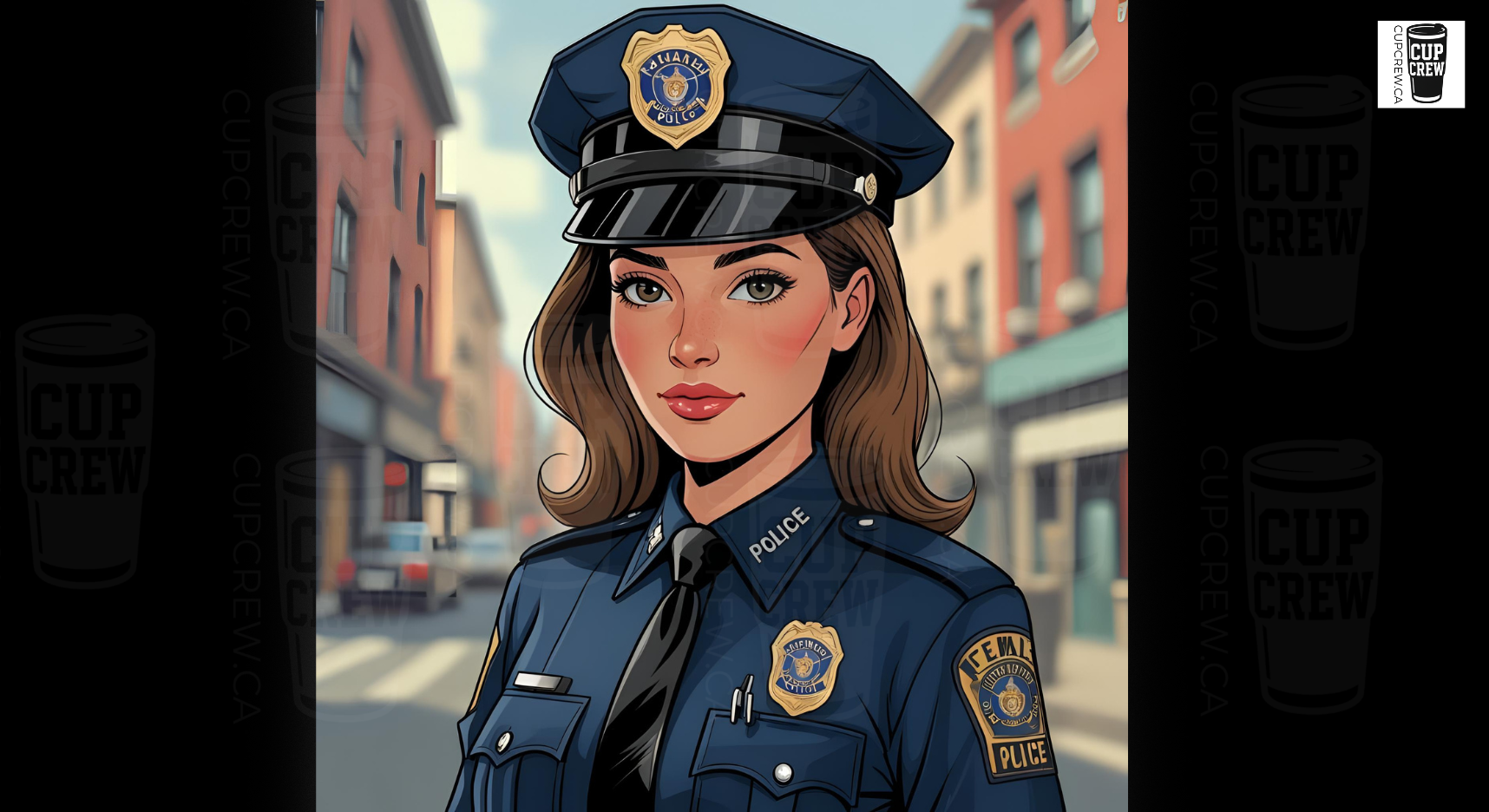 A female police officer in uniform stands in an urban setting, with buildings and cars visible in the background.