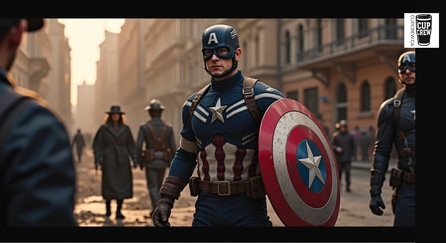 A person dressed as Captain America, holding a shield with a star on it, walking down a city street with other people in the background.