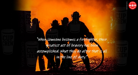 a group of firefighters working together to extinguish a fire, with a quote overlaid on the scene.