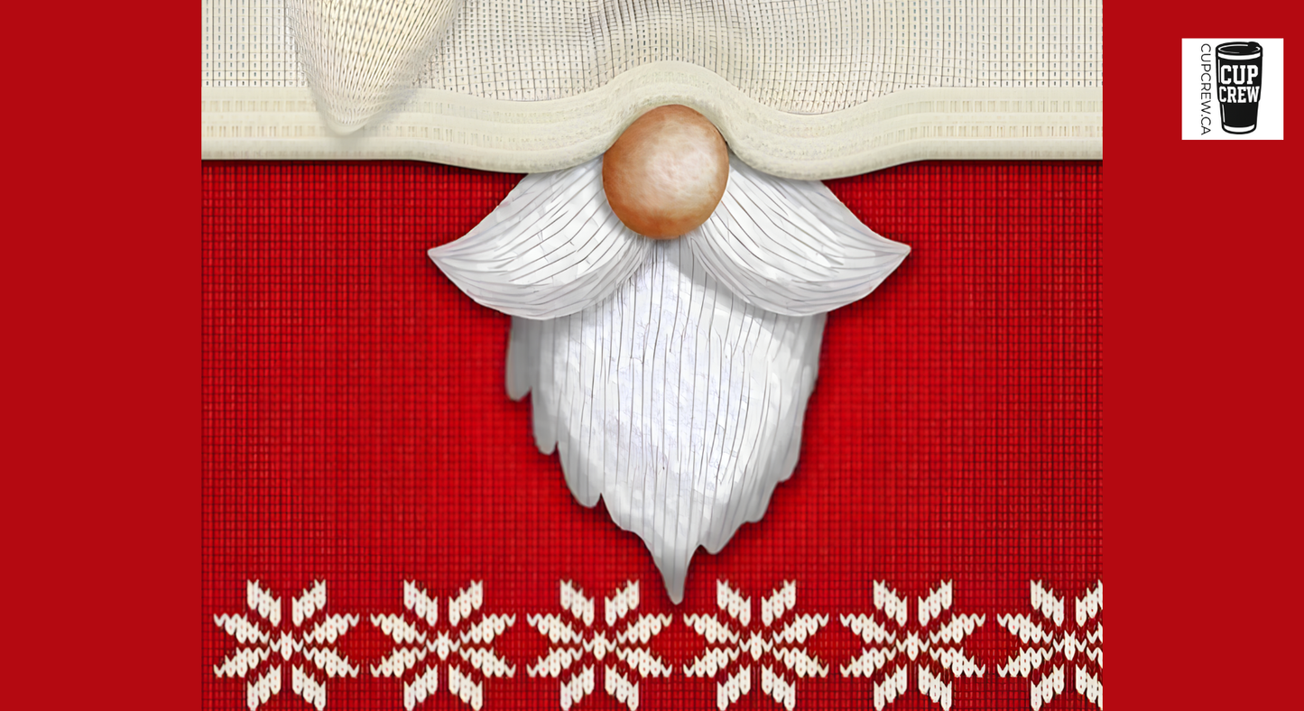 a close-up of a white beard against a red background with white snowflake patterns.