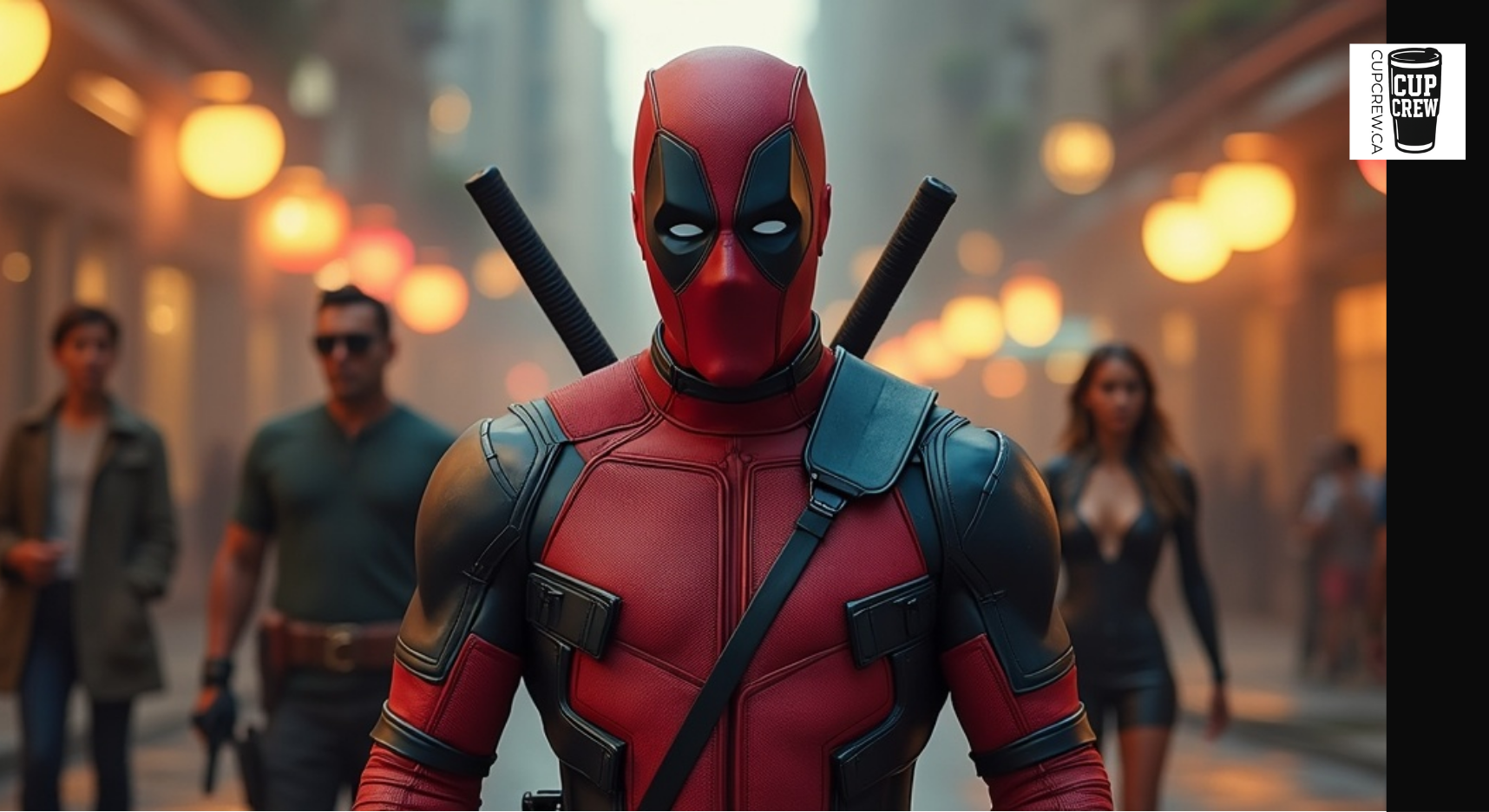 A person dressed as the Marvel superhero Deadpool, wearing a red and black costume with crossed swords, stands in a city street with other people in the background.