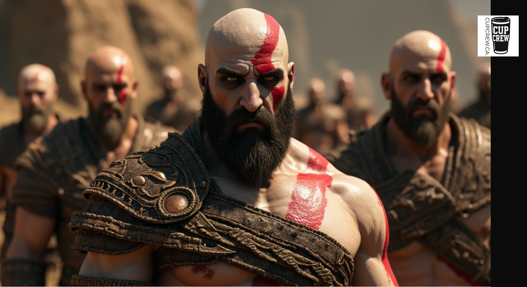 A close-up of a bearded man with red markings on his face, wearing a heavily armored and battle-ready costume, standing in front of a group of other similarly dressed men.