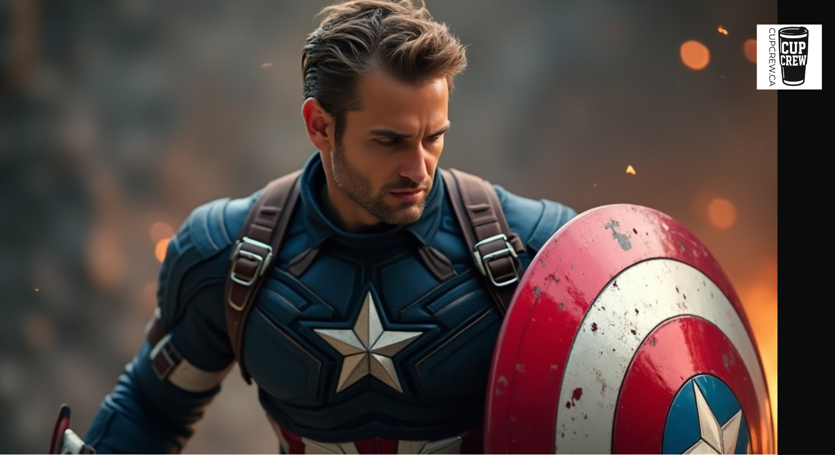 A man dressed as Captain America, wearing a blue and red suit with a star emblem, holding a red and white shield with a star emblem.