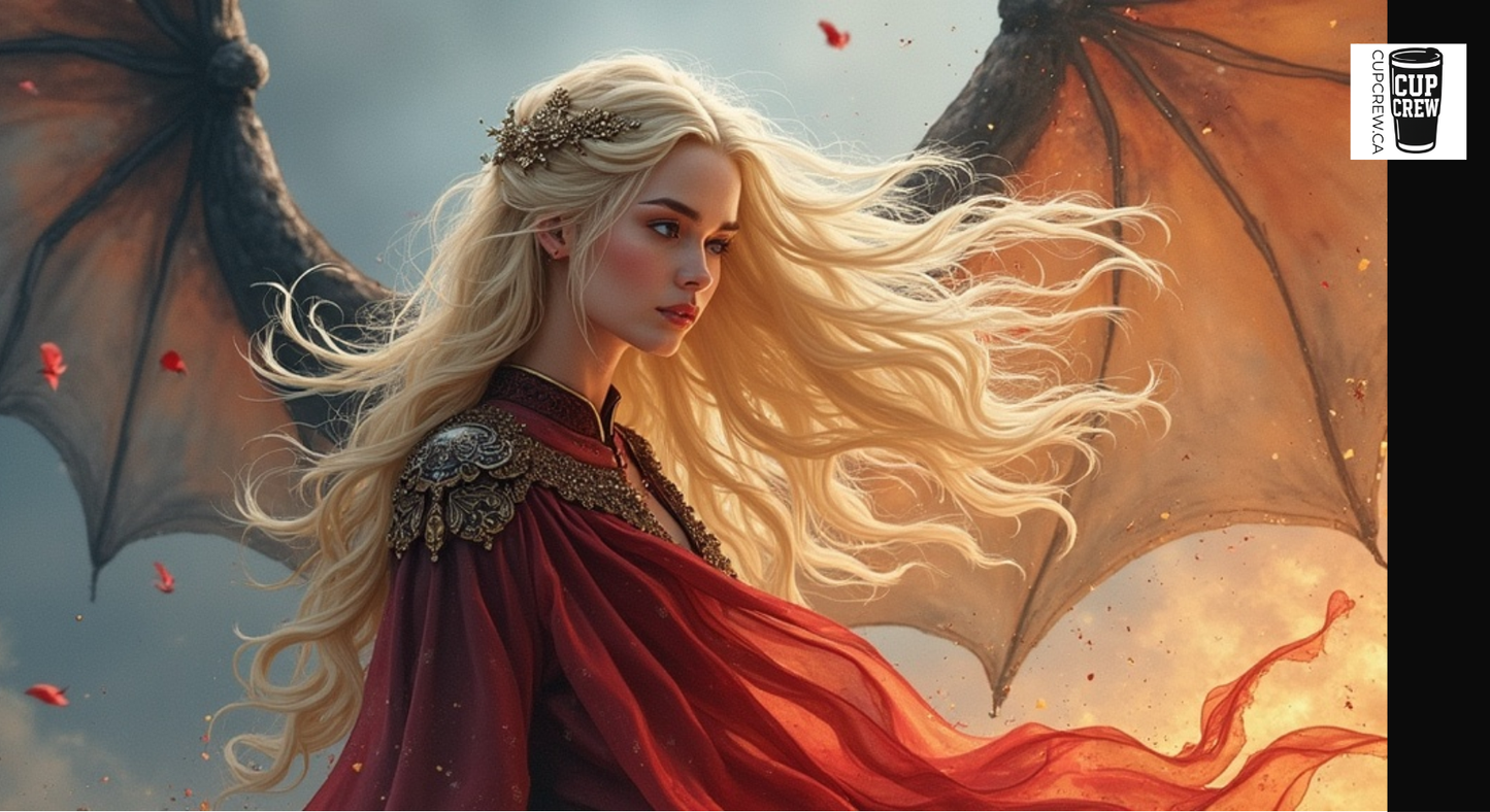 A woman with long blonde hair wearing a red cape and a crown, standing in front of a fiery background with wings.