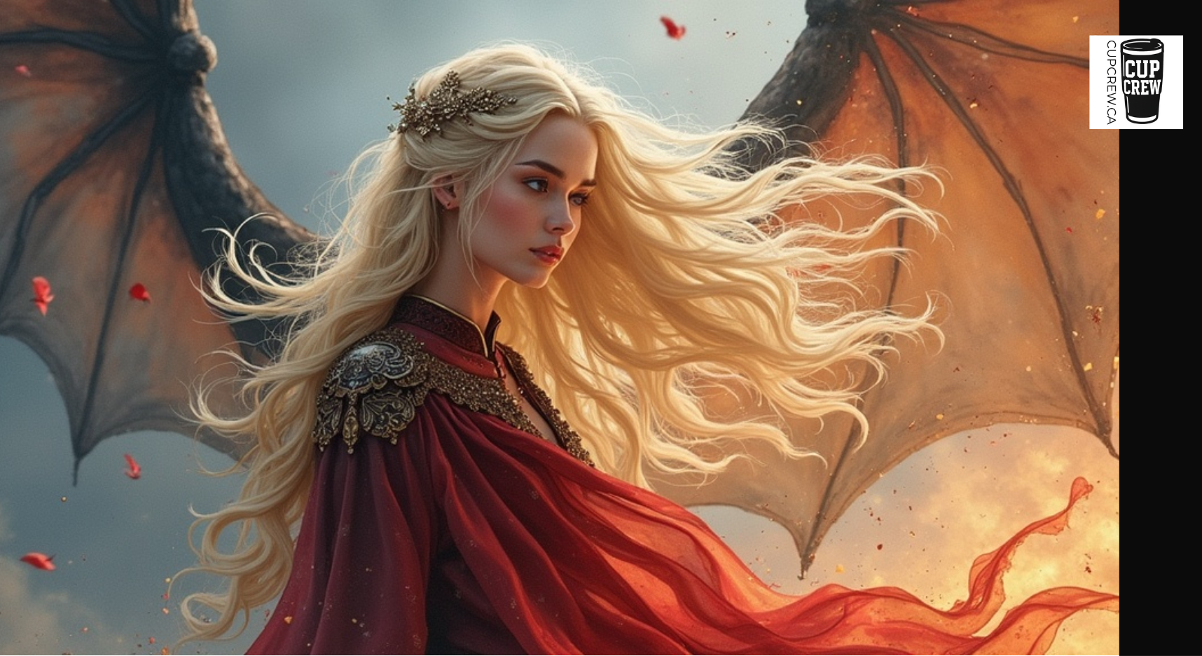 A woman with long blonde hair wearing a red cape and a crown, standing in front of a fiery background with wings.