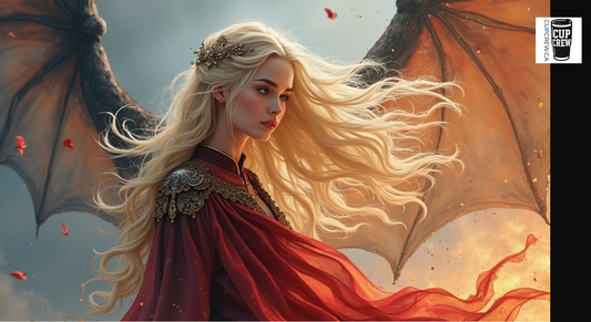A woman with long blonde hair wearing a red cape and a crown, standing in front of a fiery background with wings.