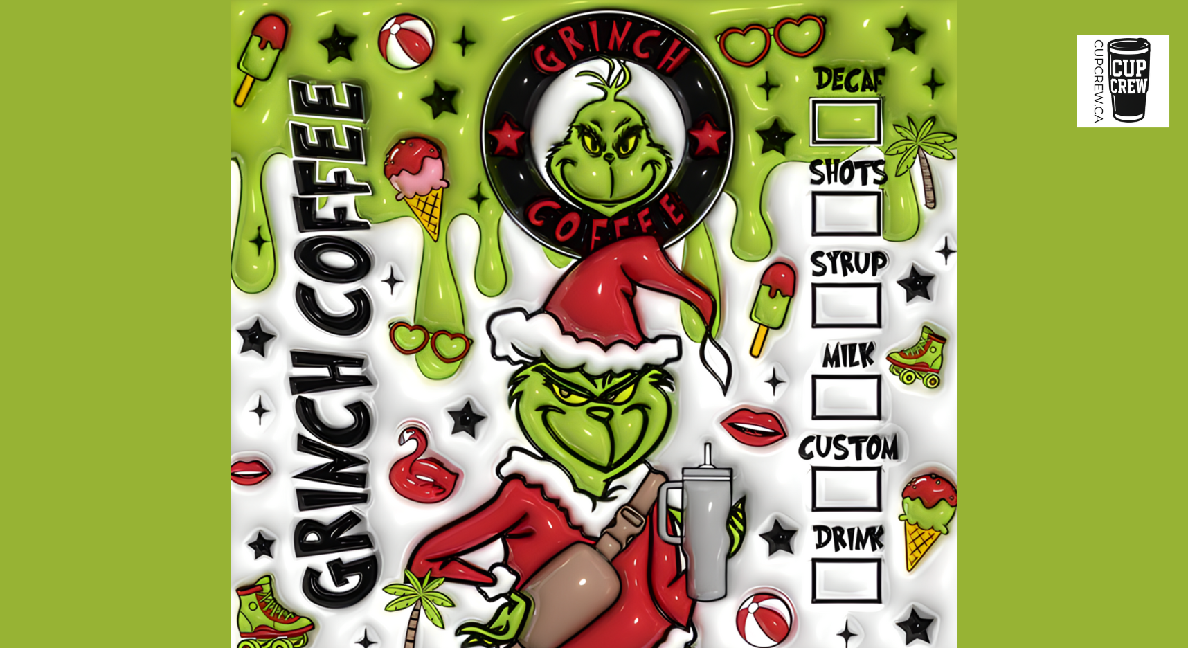 The image is a vibrant and whimsical coffee cup design featuring the Grinch character. The cup is adorned with various elements such as ice cream cones, stars, and palm trees, creating a festive and playful atmosphere. The Grinch is prominently displayed, along with the words "Grinch Coffee" and "Custom" suggesting a unique and personalized coffee experience.