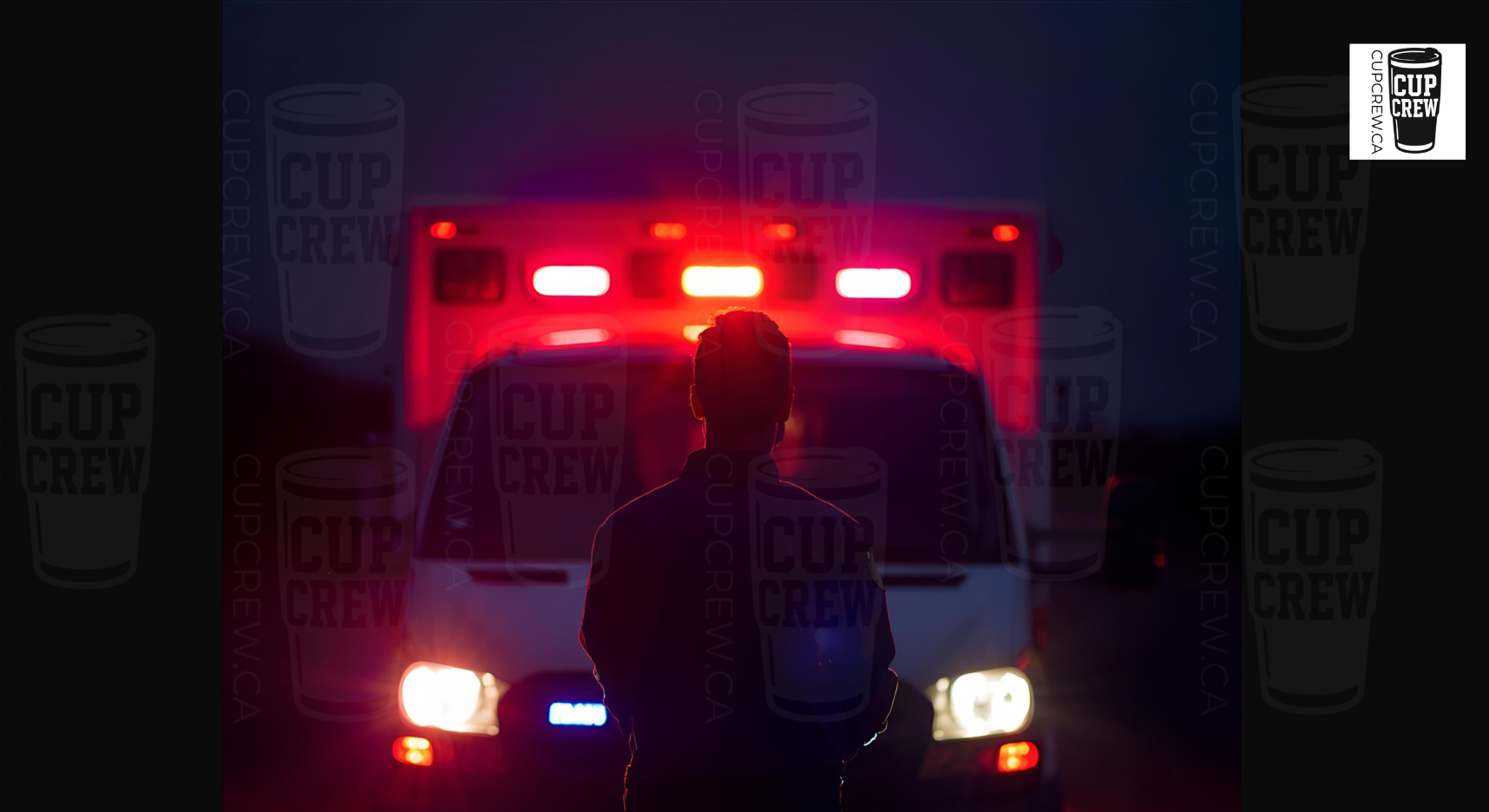 A person stands in front of an ambulance with its lights on, facing away from the camera.