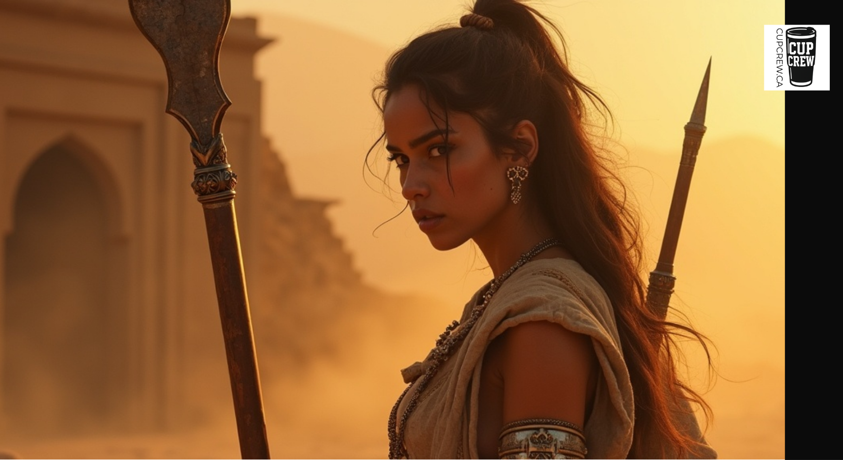 A woman with long dark hair stands in front of a building, holding a spear and wearing a beige outfit.