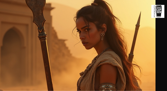 A woman with long dark hair stands in front of a building, holding a spear and wearing a beige outfit.