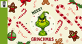 The image is a festive collage featuring various Christmas-themed elements, including a central image of the Grinch surrounded by candy canes, gingerbread men, and other holiday decorations. The text 