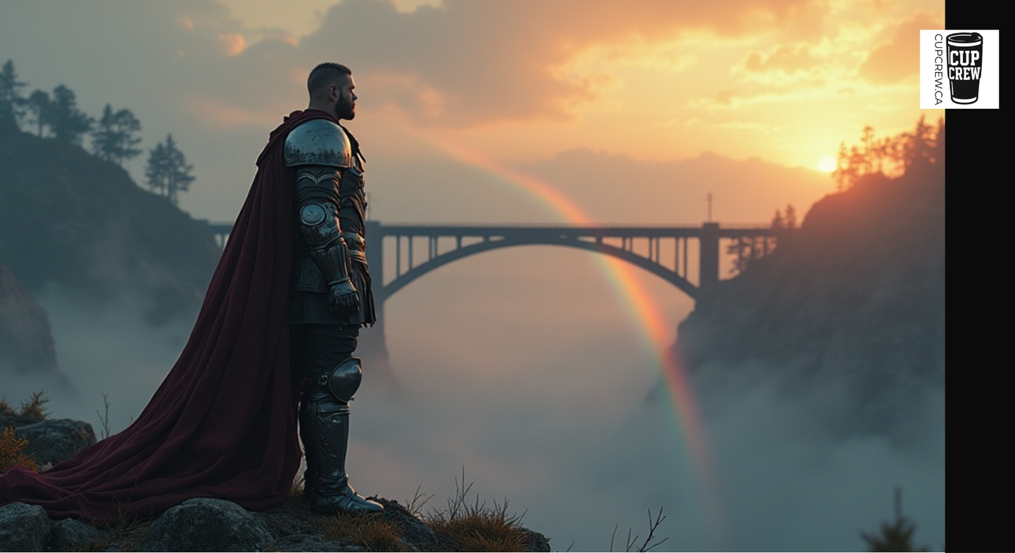 A man in a cape stands on a cliff, overlooking a bridge and a rainbow in the distance.