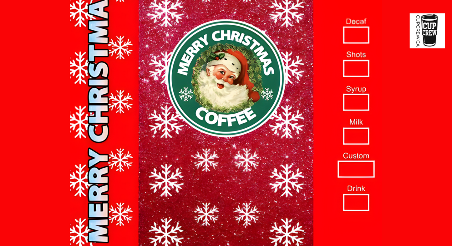 The image is a Christmas-themed coffee cup design featuring a Santa Claus image, snowflakes, and text.
