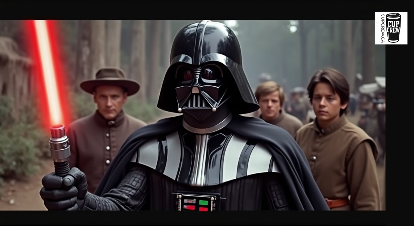 A man dressed as Darth Vader, holding a red lightsaber, stands in a forest setting with other people in the background.