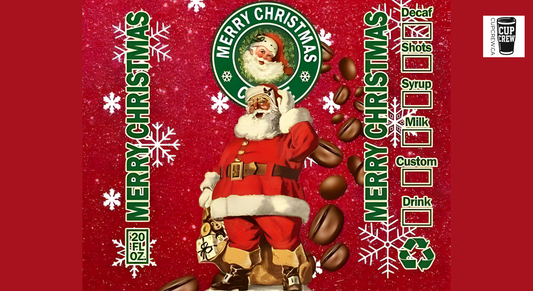 a festive Christmas-themed design with a Santa Claus figure, coffee beans, and snowflakes.