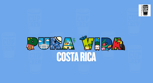 The image is a collage of various colorful illustrations representing different aspects of Costa Rica, including landmarks, animals, and natural elements, arranged to spell out the word "Pura Vida" (which means "clear" or "clear") in a stylized manner.