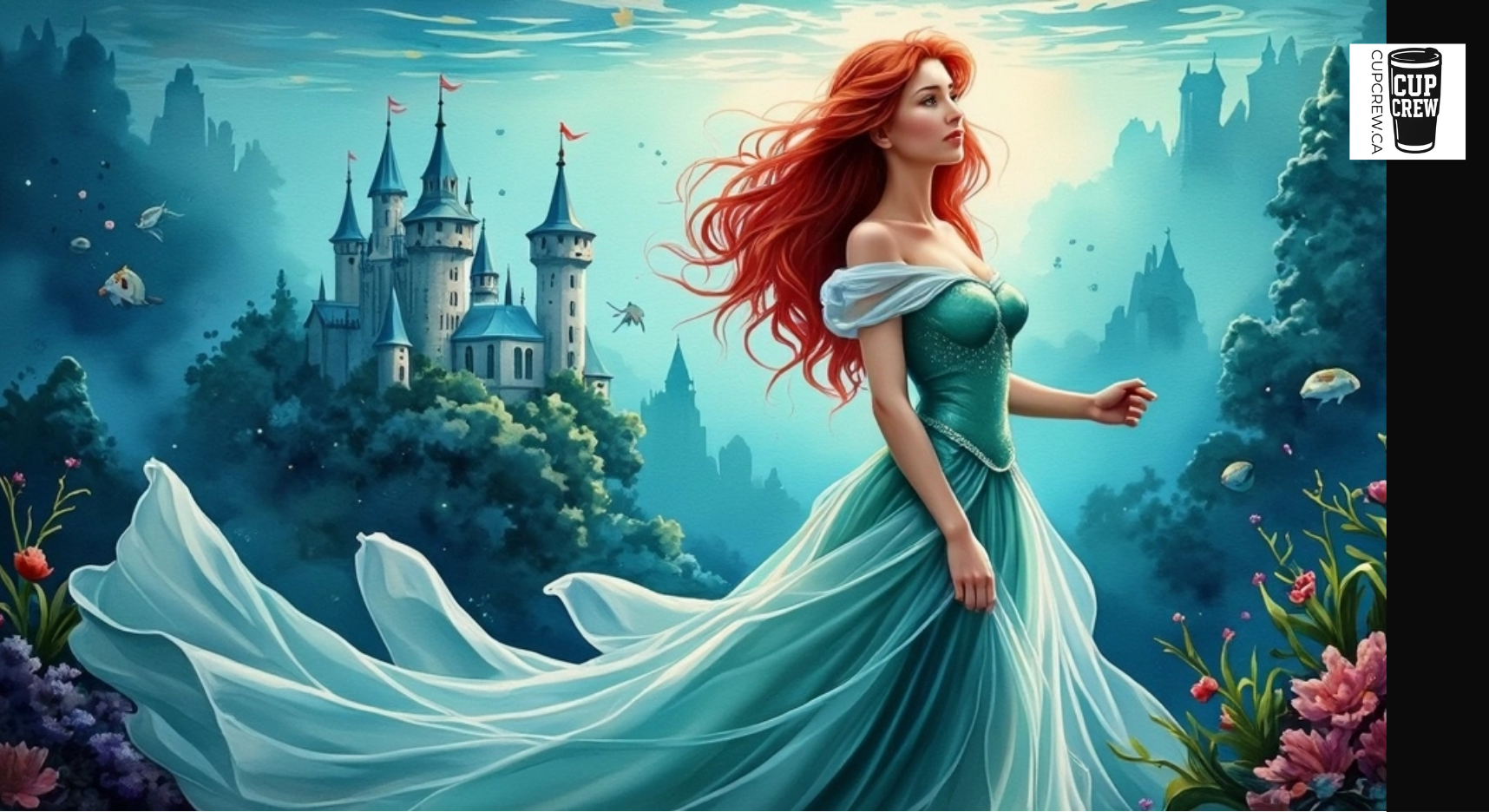 A woman with long red hair is standing in front of a castle, surrounded by a fantastical underwater landscape with flowers and fish.