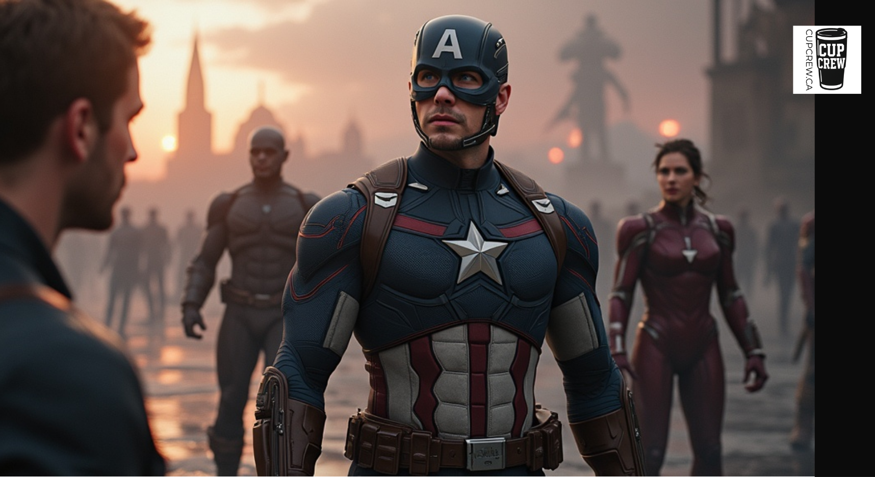 A person in a superhero costume, specifically Captain America, standing in a crowded city street at sunset.