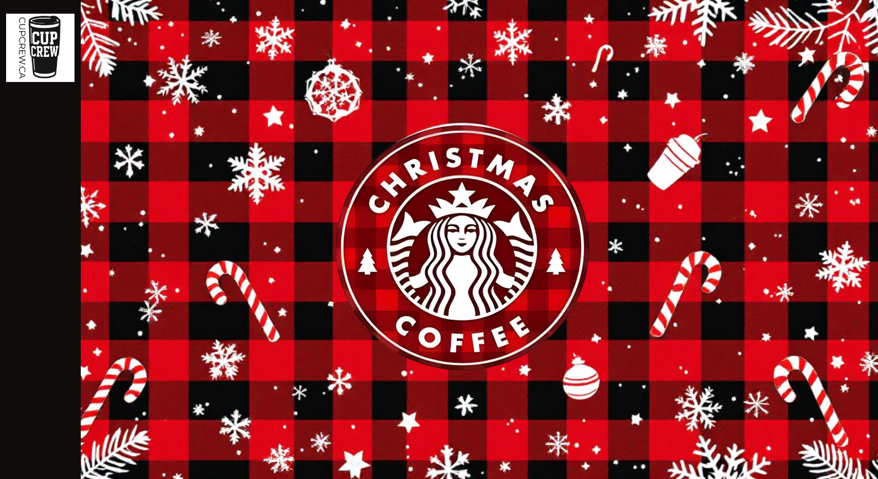 The image is a Christmas-themed coffee cup design with a red and black plaid background, snowflakes, candy canes, and the Starbucks logo.