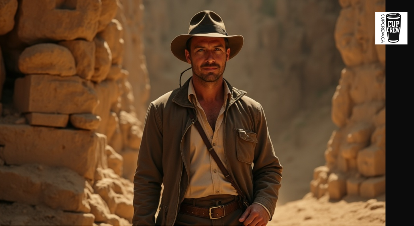 A man in a cowboy hat and jacket stands in a desert-like setting, with large rock formations in the background.