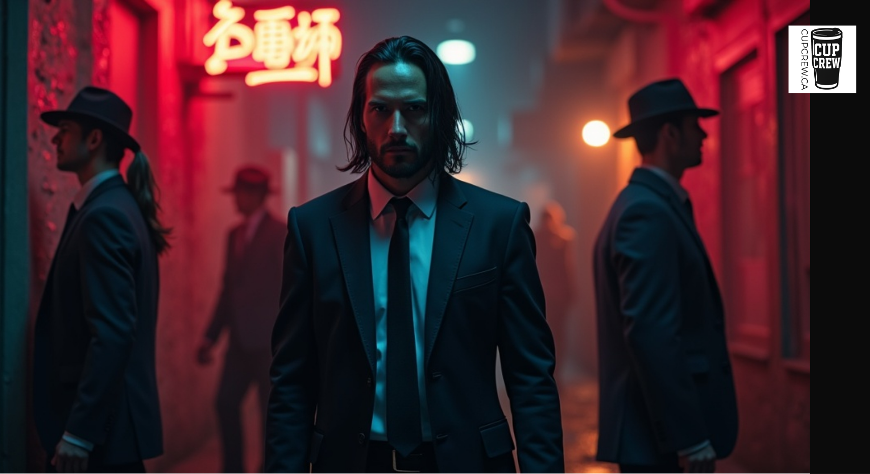 A man in a suit stands in a dimly lit alleyway, surrounded by other people in suits, with a red neon sign in the background.