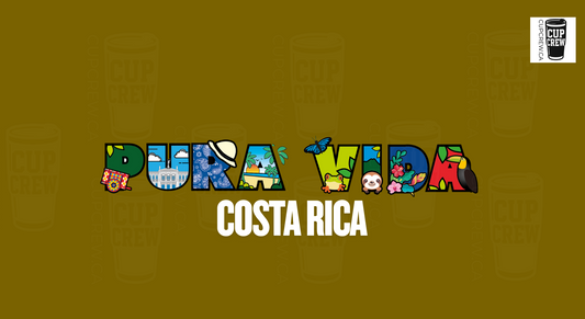 The image is a collage of various colorful illustrations representing different aspects of Costa Rica, including a cup, a bird, a flower, and a palm tree, arranged to spell out the word "Pura Vida" (which means "life" in Spanish).