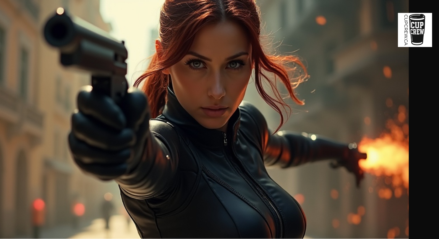 A woman in a black leather outfit is pointing a gun at the camera, with a fiery background.