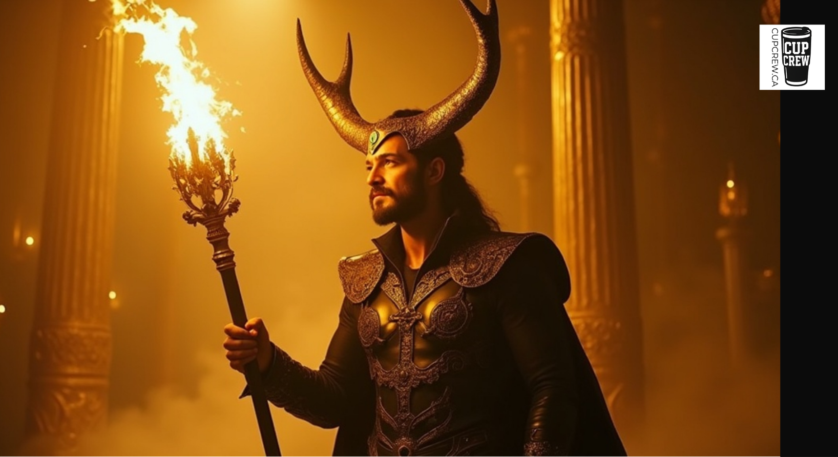 A man in a dark costume with large horns, holding a flaming staff, stands in a dimly lit room with columns and smoke in the background.