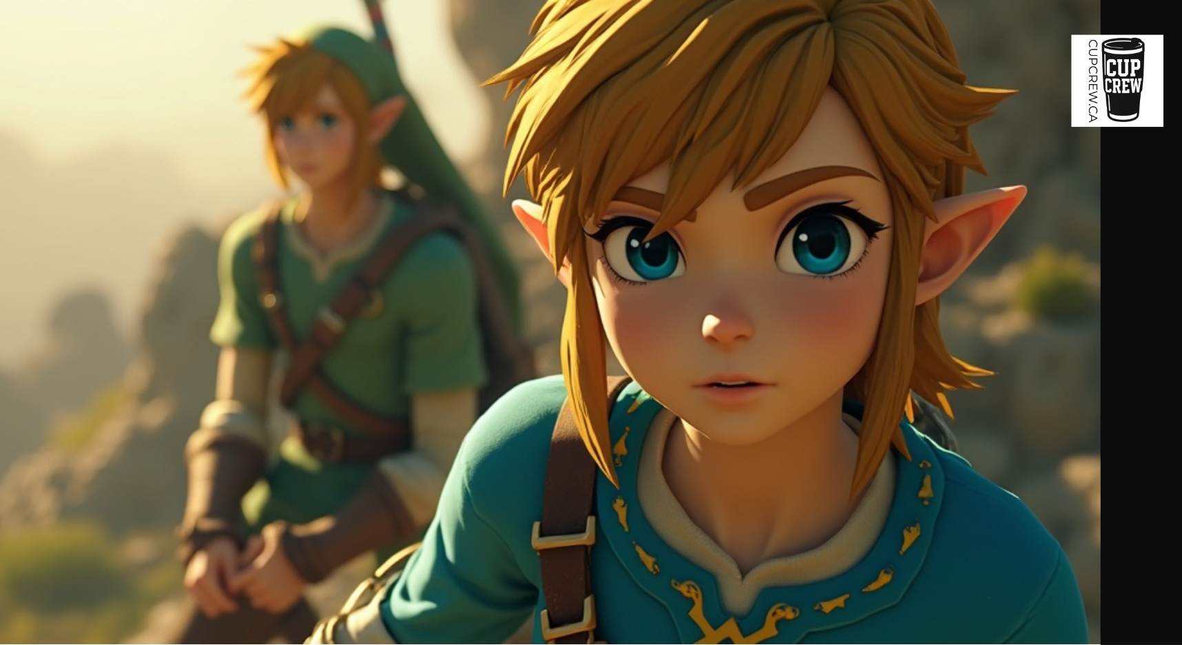two animated characters from the video game " Zelda: Breath of the Wild". One character is a blonde male with blue eyes, wearing a green tunic and a backpack, while the other character is a female with blonde hair, wearing a blue tunic and a green headband.