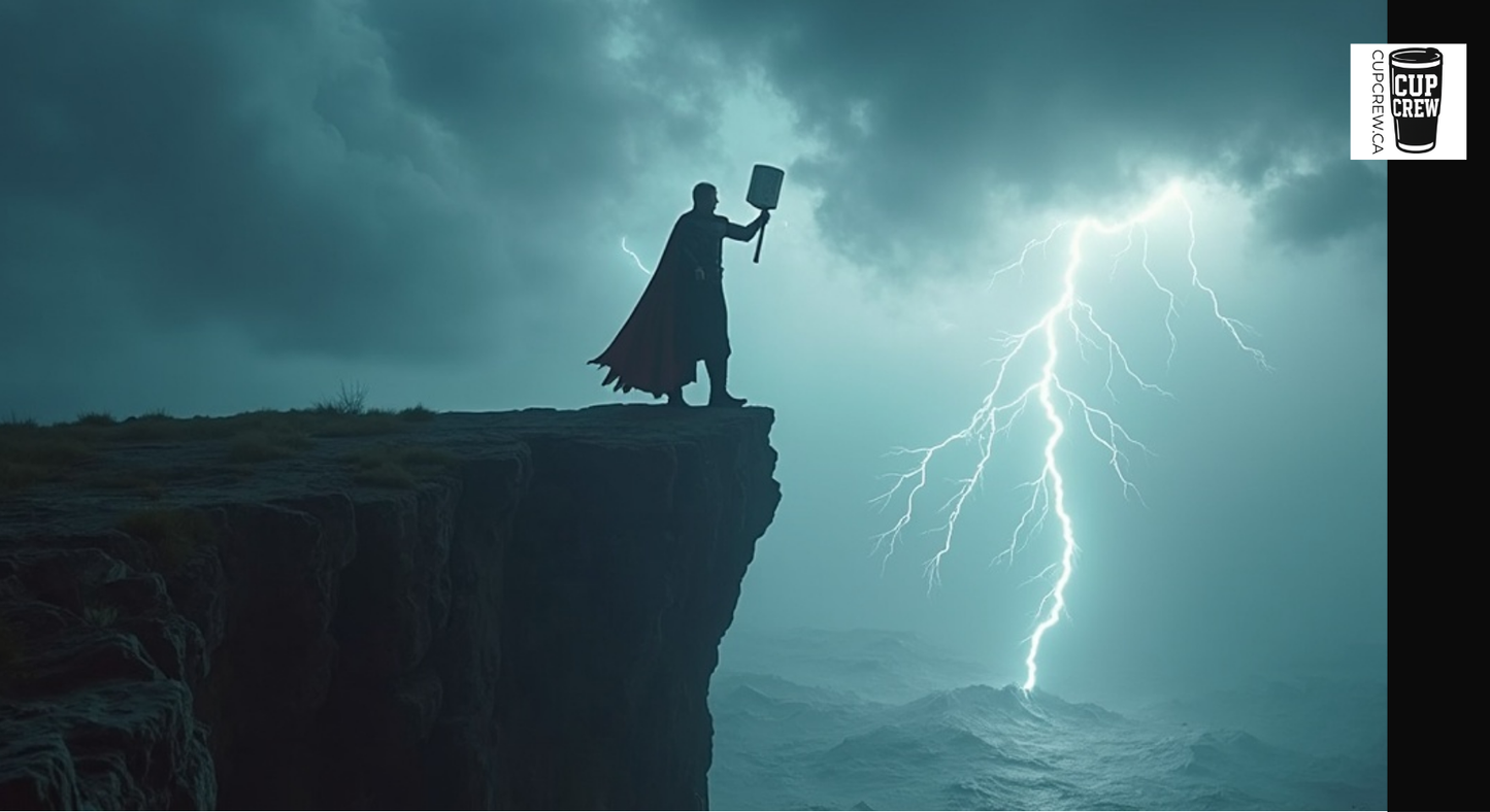A silhouetted figure stands on a cliff, holding a large object, with a dramatic lightning bolt striking in the background.