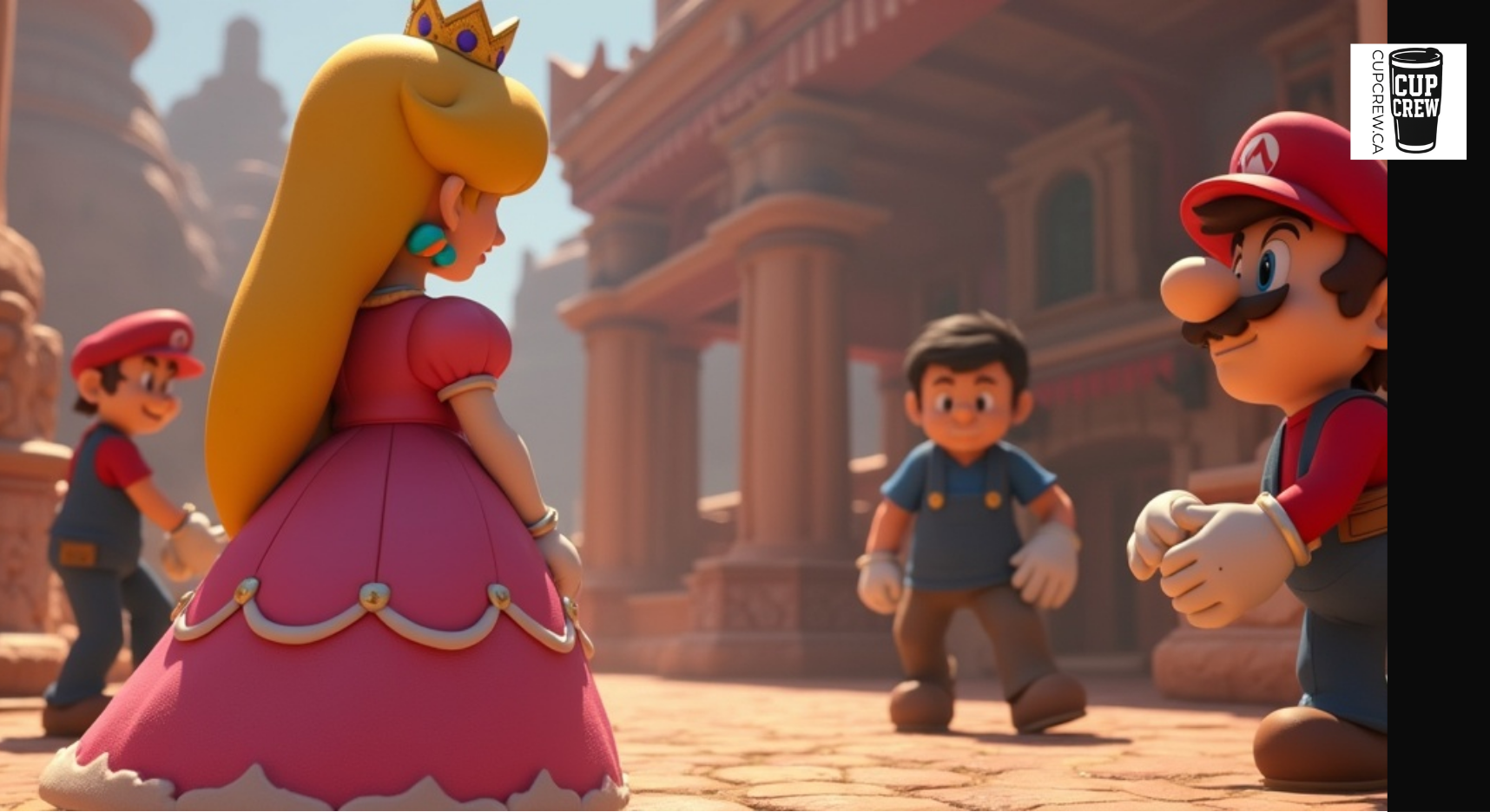 A collage of four animated characters from the Mario video game franchise, including Mario, Princess Peach, and other characters, in a fantastical setting.