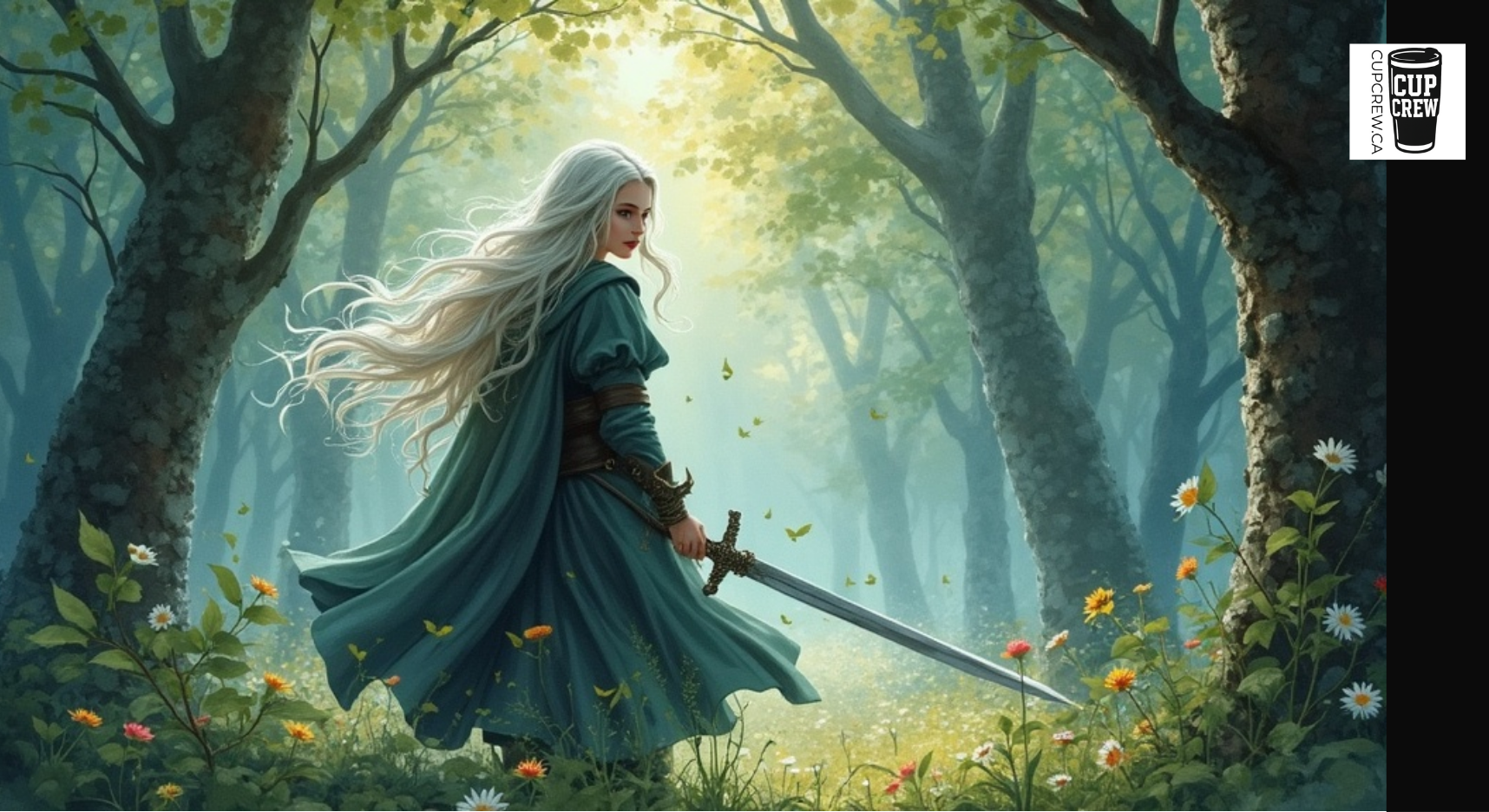A woman with long, flowing hair stands in a lush, green forest, holding a sword and surrounded by flowers and foliage.