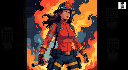 A female firefighter in a red uniform and helmet stands in front of a fiery background, holding a hose and appearing ready to respond to an emergency.